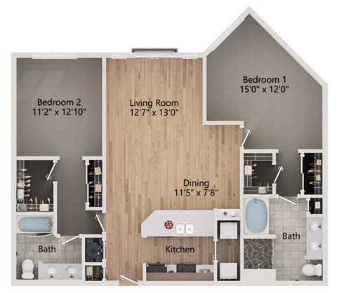 A floor plan of a house with two bedrooms, a living room, a dining room, a kitchen, and two bathrooms.